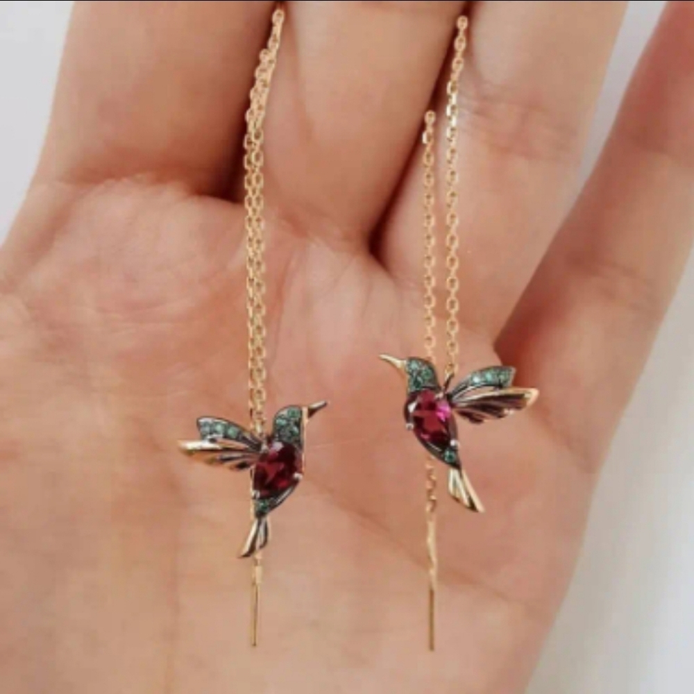 Gorgeous 18K Gold Plated Bird Inlaid Zircon Earrings Golden and Red